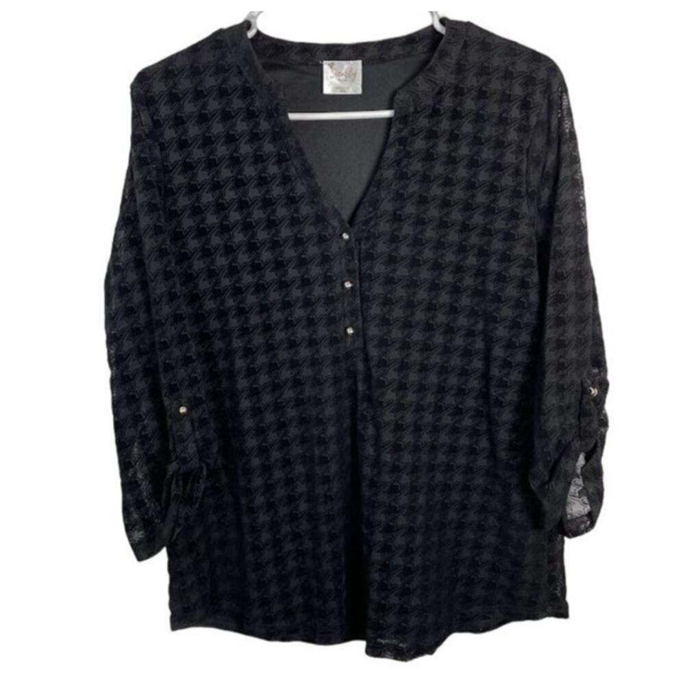 Siren Lily Velvet Houndstooth V-Neck Blouse Heritage Countryside Prep Top Size M